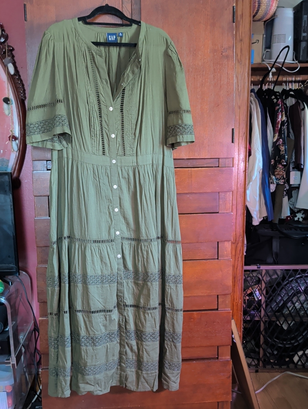 GAP Olive Green Button-Down Maxi Dress with Lace Trim